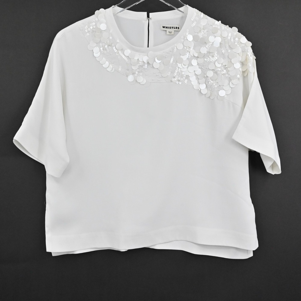 Whistles White Sequin Top Womens Size 4 Beaded Embellished Boxy Short Sleeve Tee